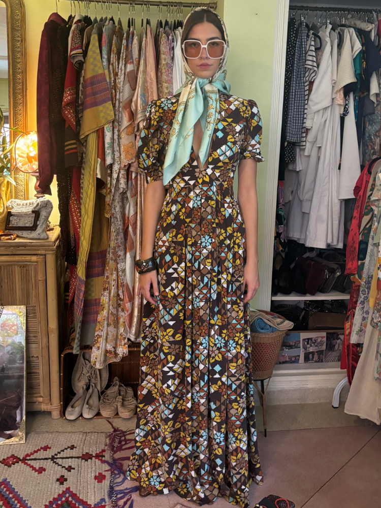 Alexia’s Dress Silk brown & turquoise print